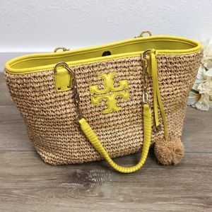 TORY BURCH Thea Straw Bag Yellow Leather